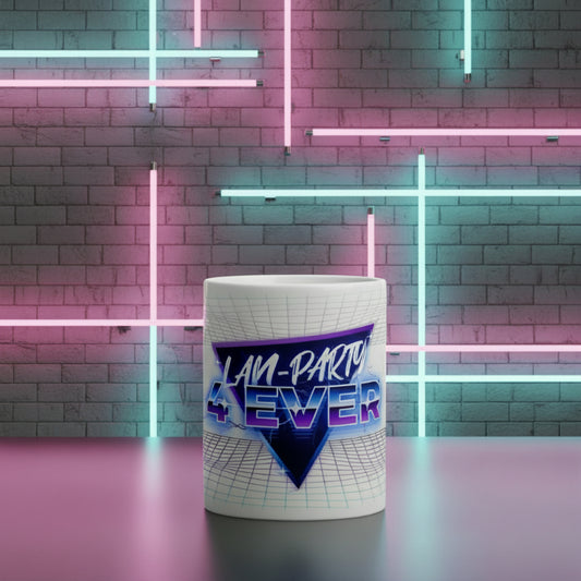 Weißer, glänzender Becher LAN-Party 4ever